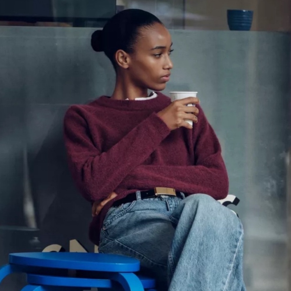 Zara Wool Blend Burgundy Crewneck Sweater